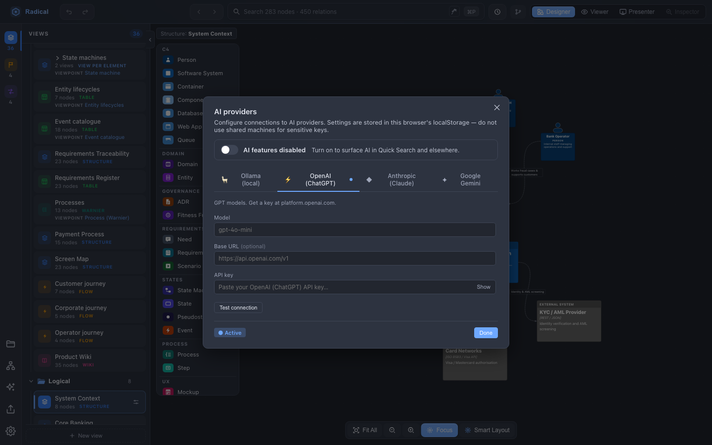 AI providers dialog with a master switch and tabs for Ollama, OpenAI, Anthropic and Google Gemini, each with model, base URL and API key fields and a Test connection button