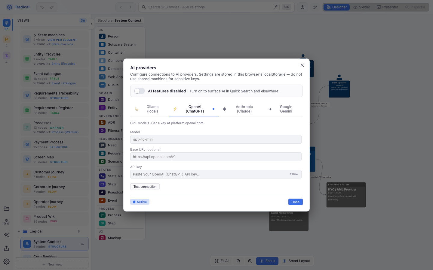 AI providers dialog with a master switch and tabs for Ollama, OpenAI, Anthropic and Google Gemini, each with model, base URL and API key fields and a Test connection button