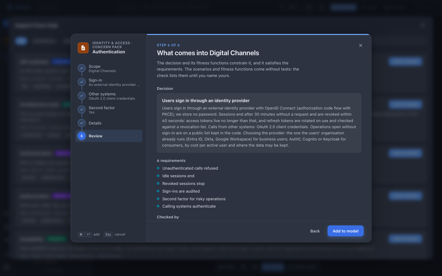 The concern wizard in Studio on the Authentication pack: steps Scope, Sign-in, Other systems, Second factor, Details and Review, with the decision, the requirements, the fitness functions the answers bring