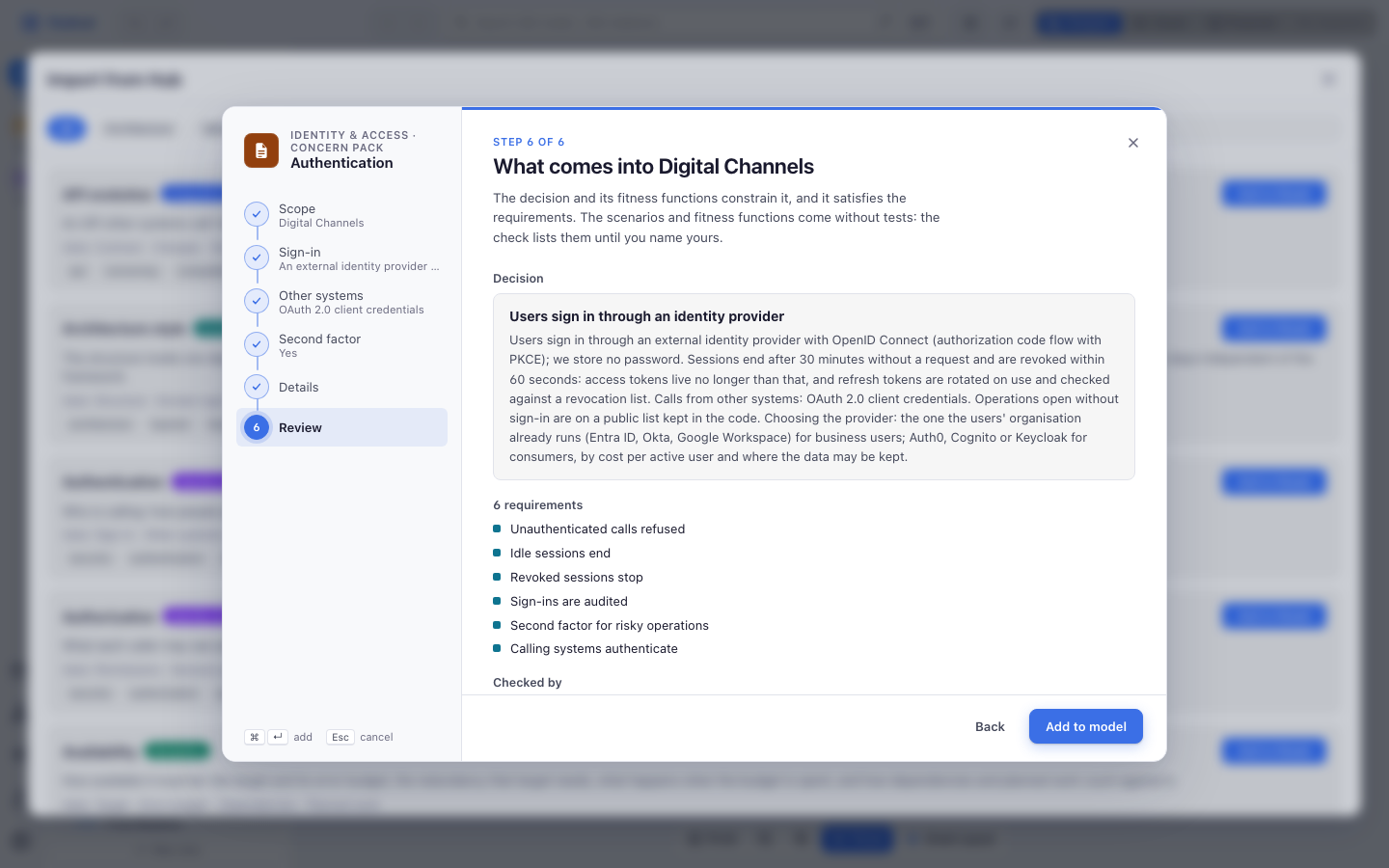 The concern wizard in Studio on the Authentication pack: steps Scope, Sign-in, Other systems, Second factor, Details and Review, with the decision, the requirements, the fitness functions the answers bring