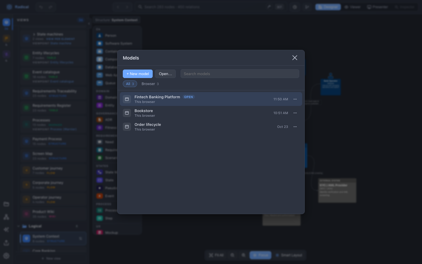 Models dialog: one list of browser, file and folder models with search, a filter by place and a menu per row