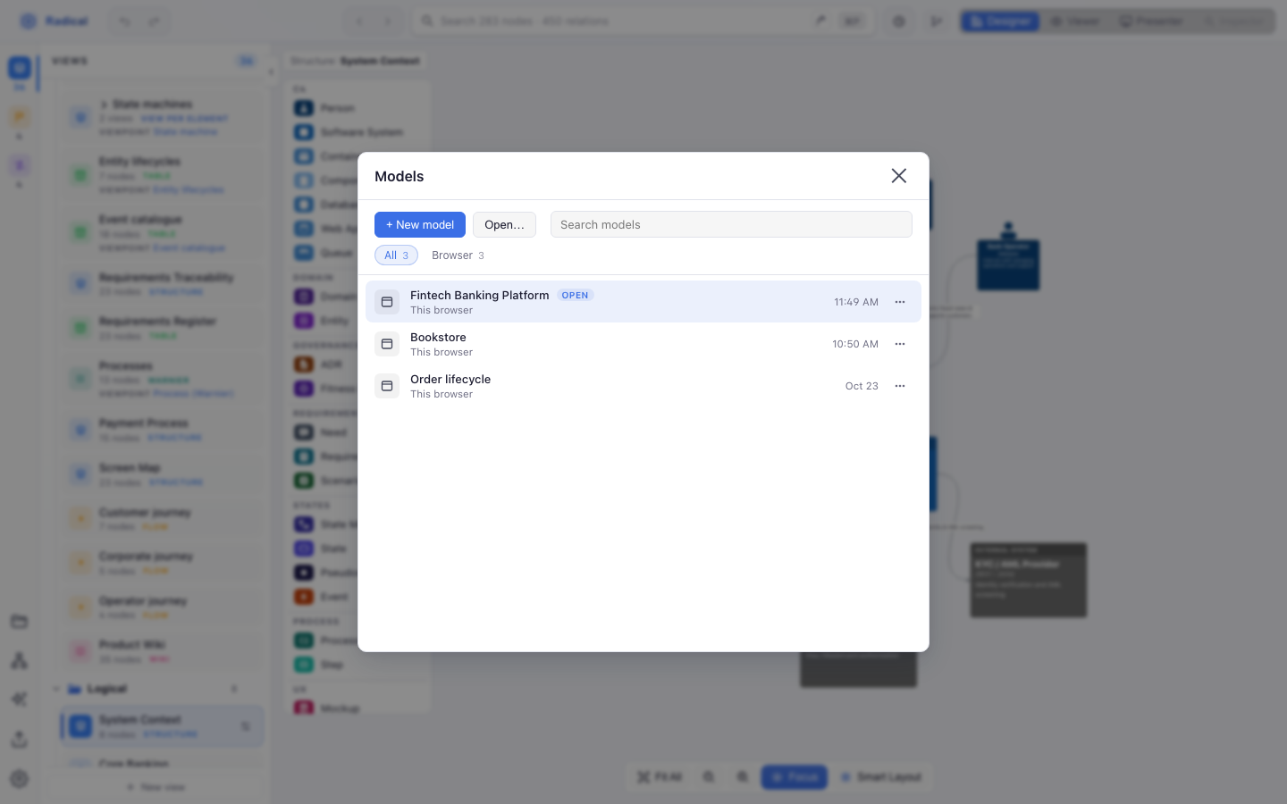 Models dialog: one list of browser, file and folder models with search, a filter by place and a menu per row