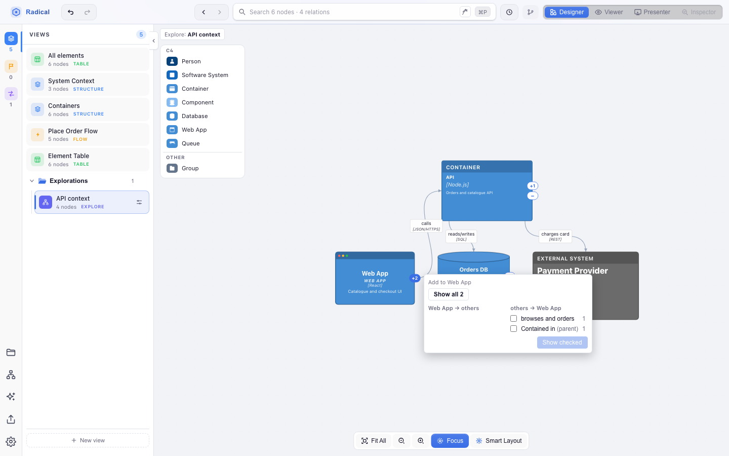 An exploration of the bookstore's API saved as the Explore view API context: API on top, Web App, Orders DB and Payment Provider a level below, Web App's + menu open