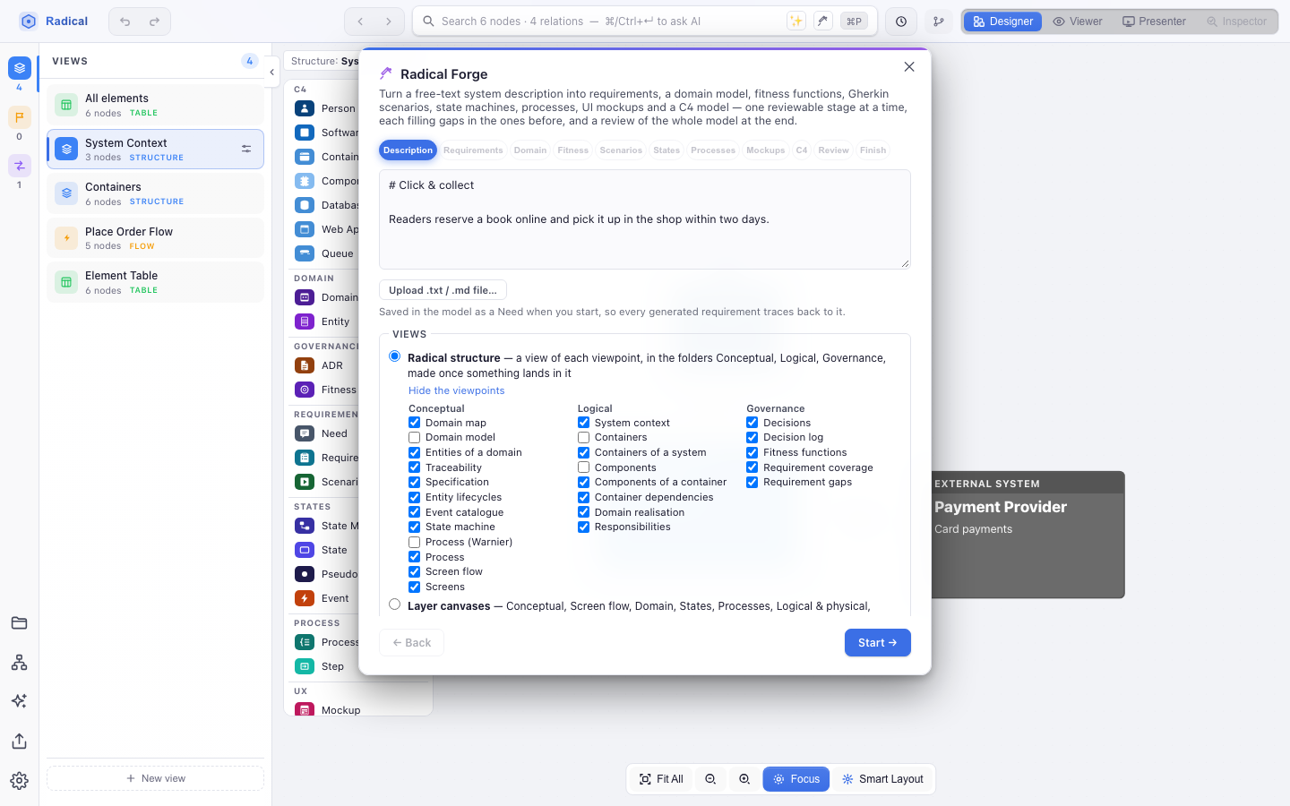 Radical Forge's Description step: the description, and under Views the Radical structure chosen with its viewpoints in the folders Conceptual, Logical and Governance, and Layer canvases below
