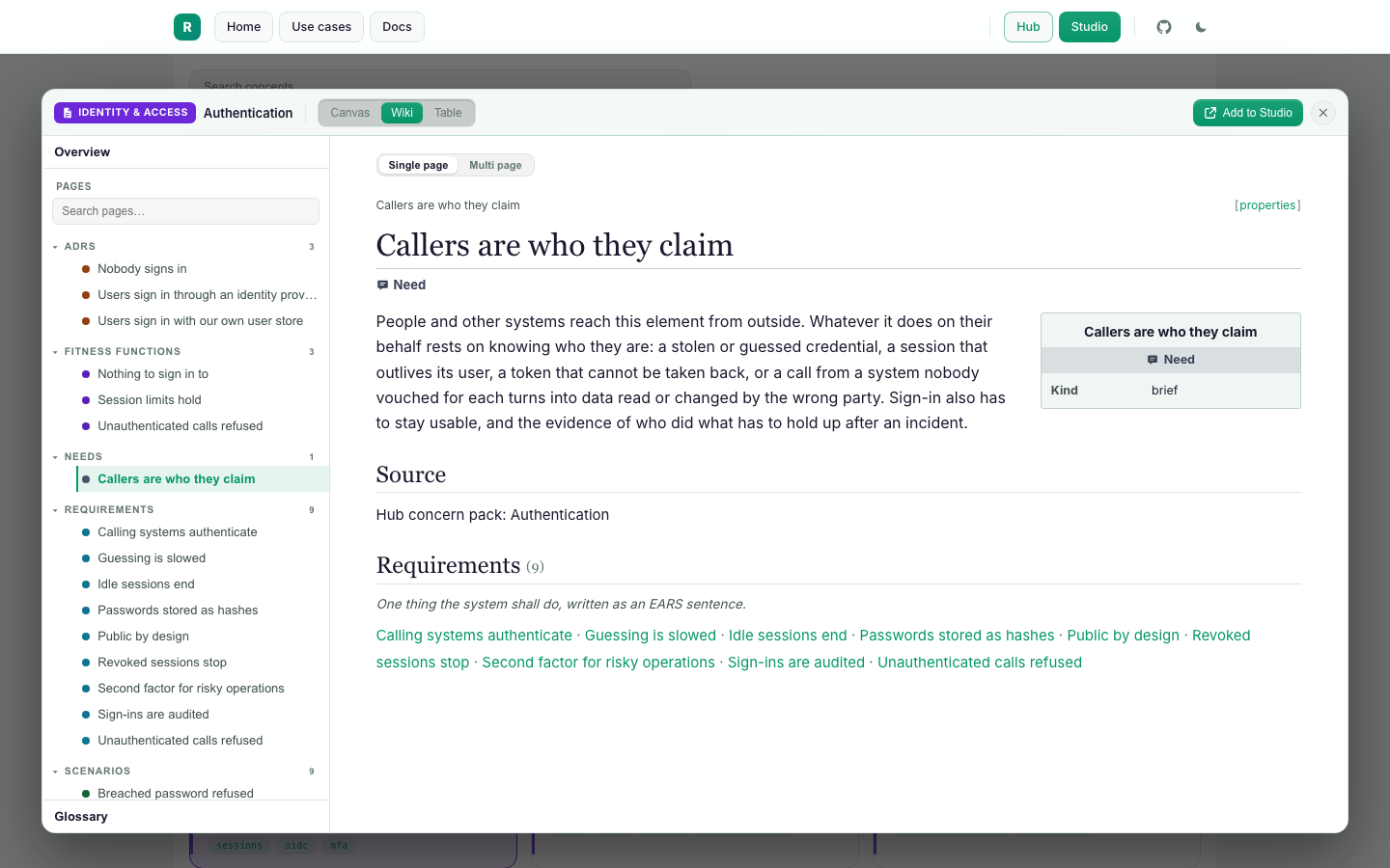 hub.radical.tools: the Authentication concern pack open as a wiki page, with its group Identity & access