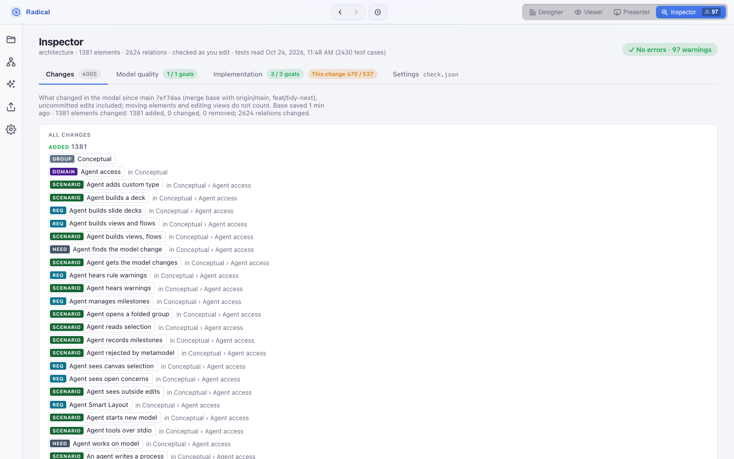 Inspector, Model quality tab, on the radical.tools architecture model: consistency, completeness, traceability and decisions, the traceability chain from needs to tests, gaps by group and the goals of check.json