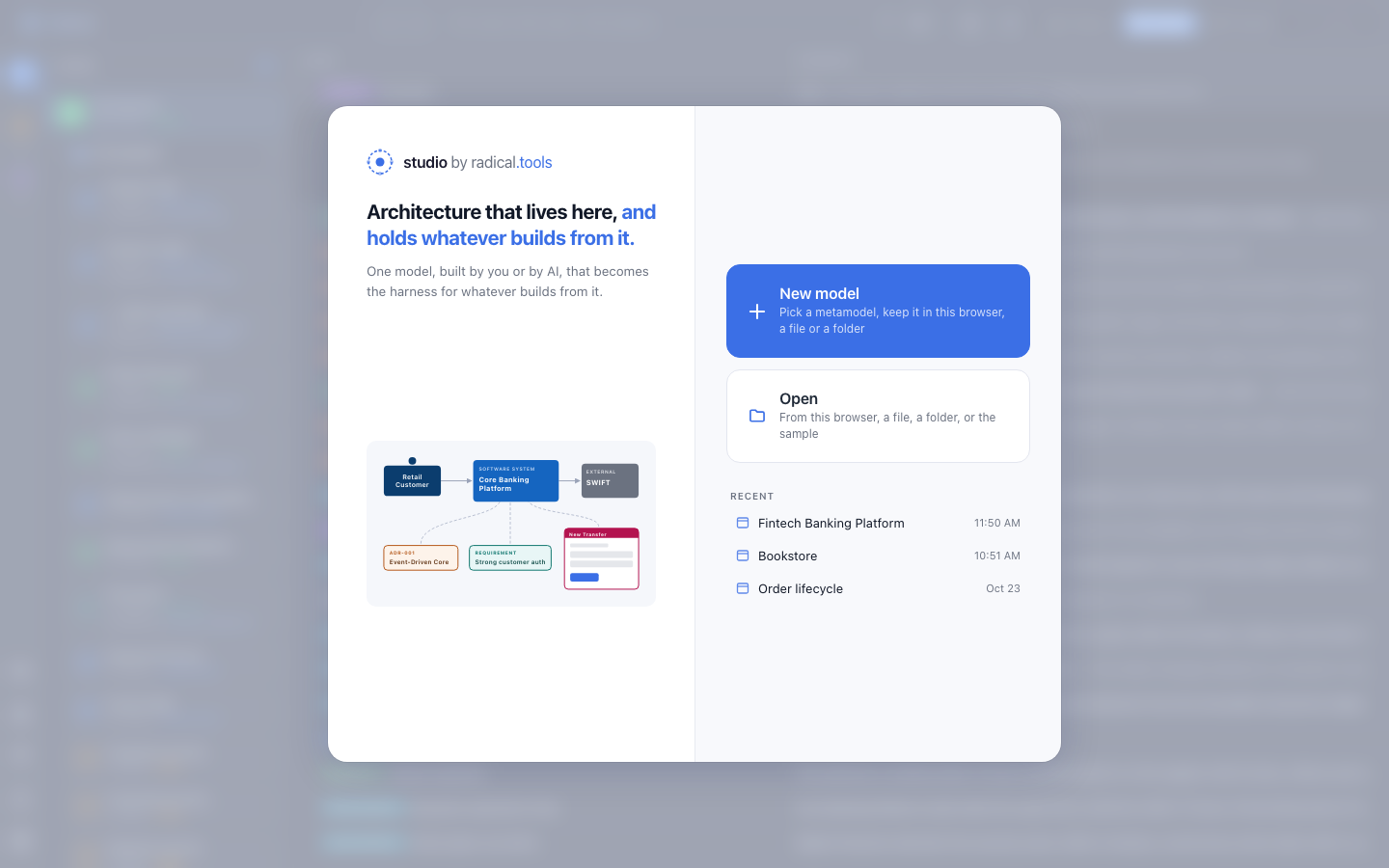 Welcome screen: New model and Open, with the three most recent models below