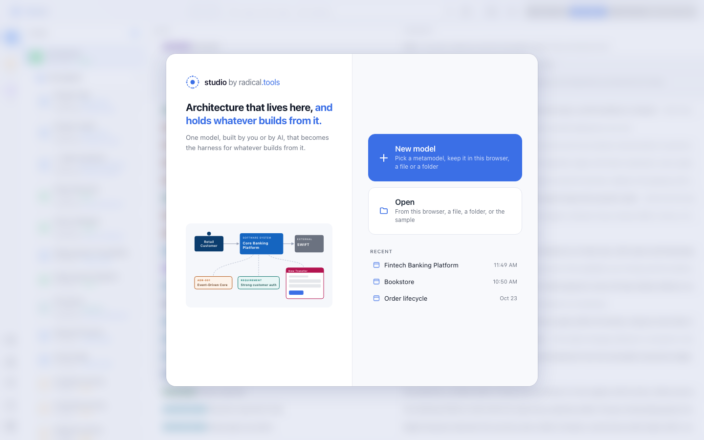 Welcome screen: New model and Open, with the three most recent models below